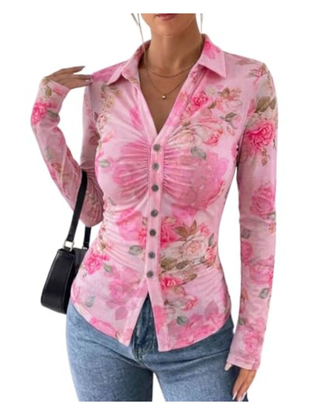 Women's Floral V-Neck Long Sleeve Sheer Mesh Button Down Shirt